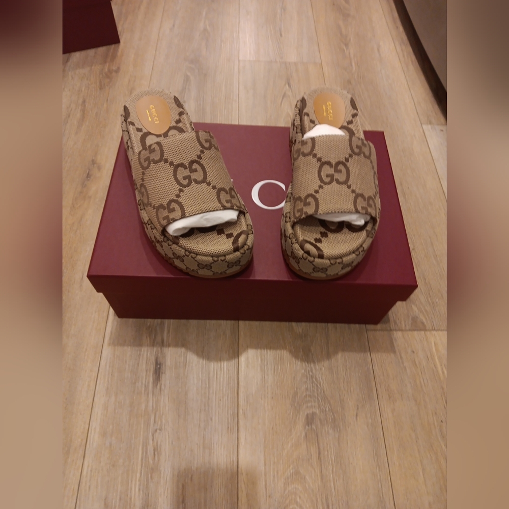 Gucci Beige Monogram Slides NEW